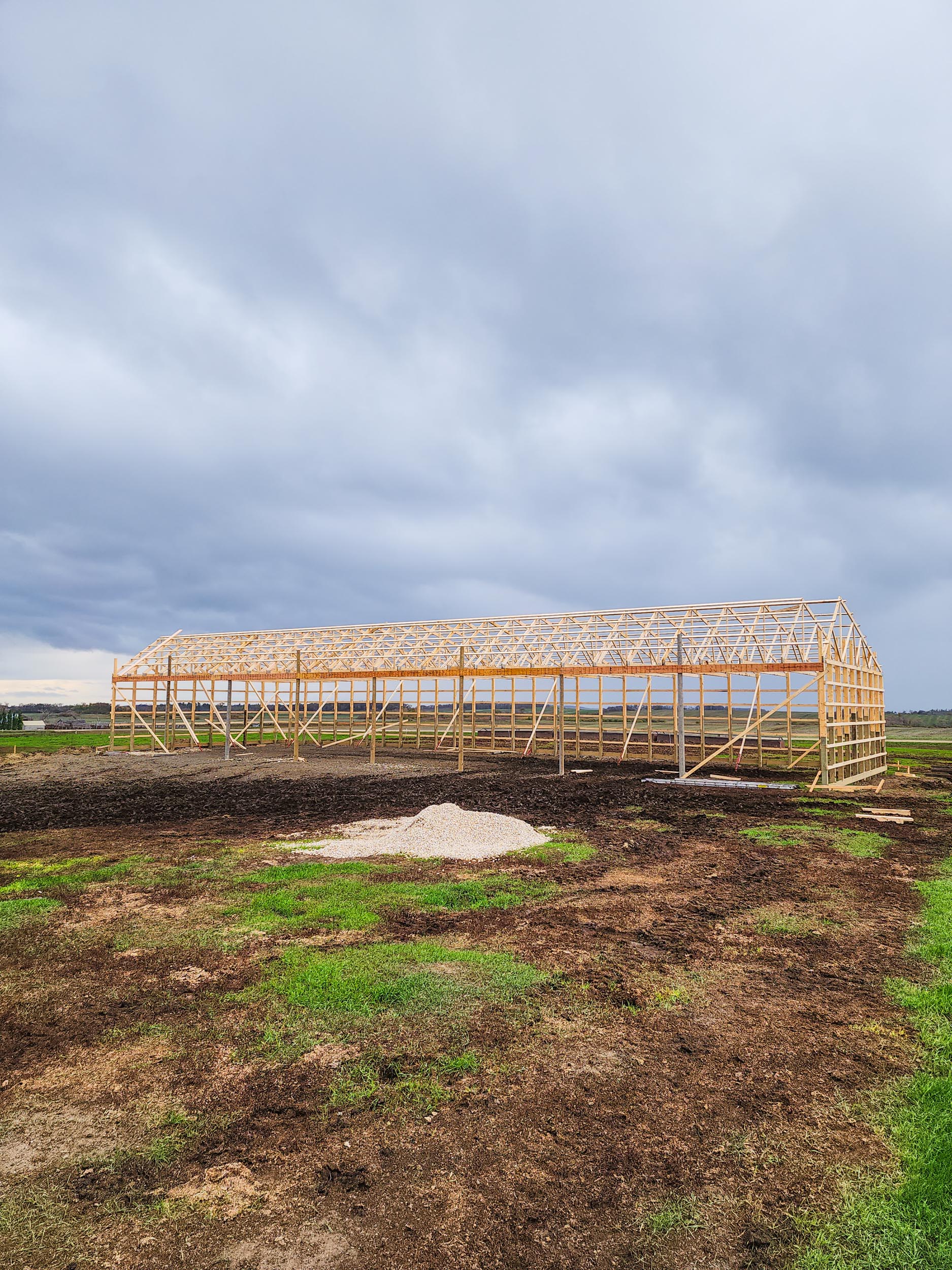 Roof framing being installed on a pole shed